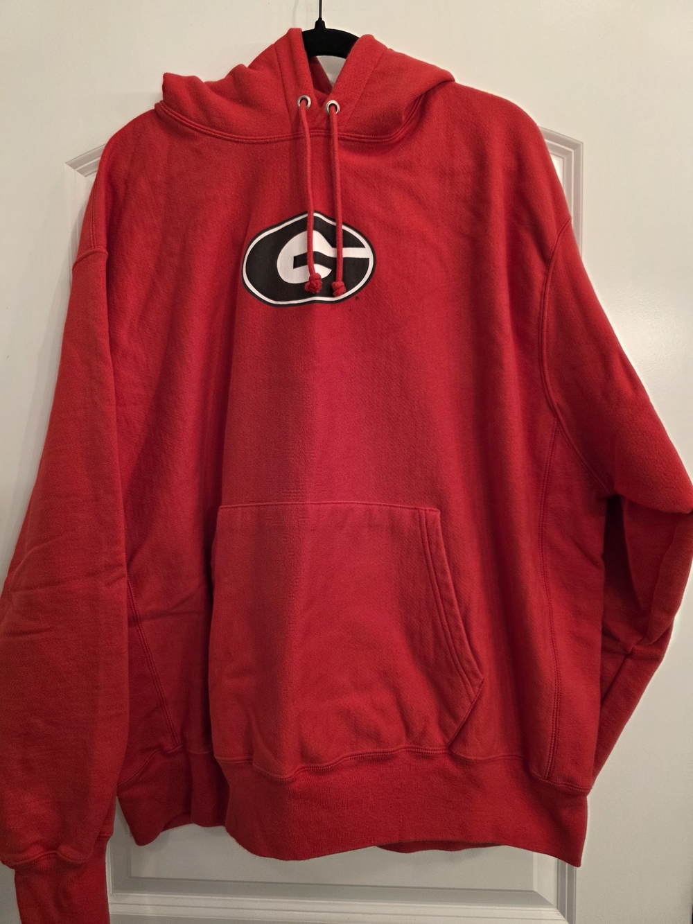 Champion Red Hoodie with Black & White Chest Emblem